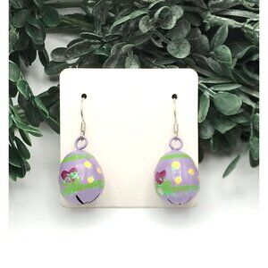 Vintage Hand-Painted Easter Egg Dangle Earrings With Polka Dots & Floral Accents